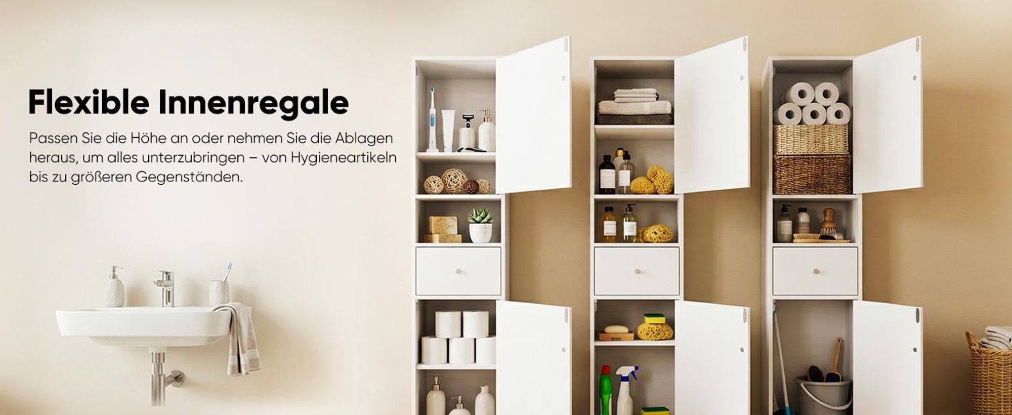 HOKEEPER Badezimmerschrank Weiß Schmal – Beistellschrank mit Schublade & offenem Fach – Freistehender Hochschrank für Badezimmer, Wohnzimmer