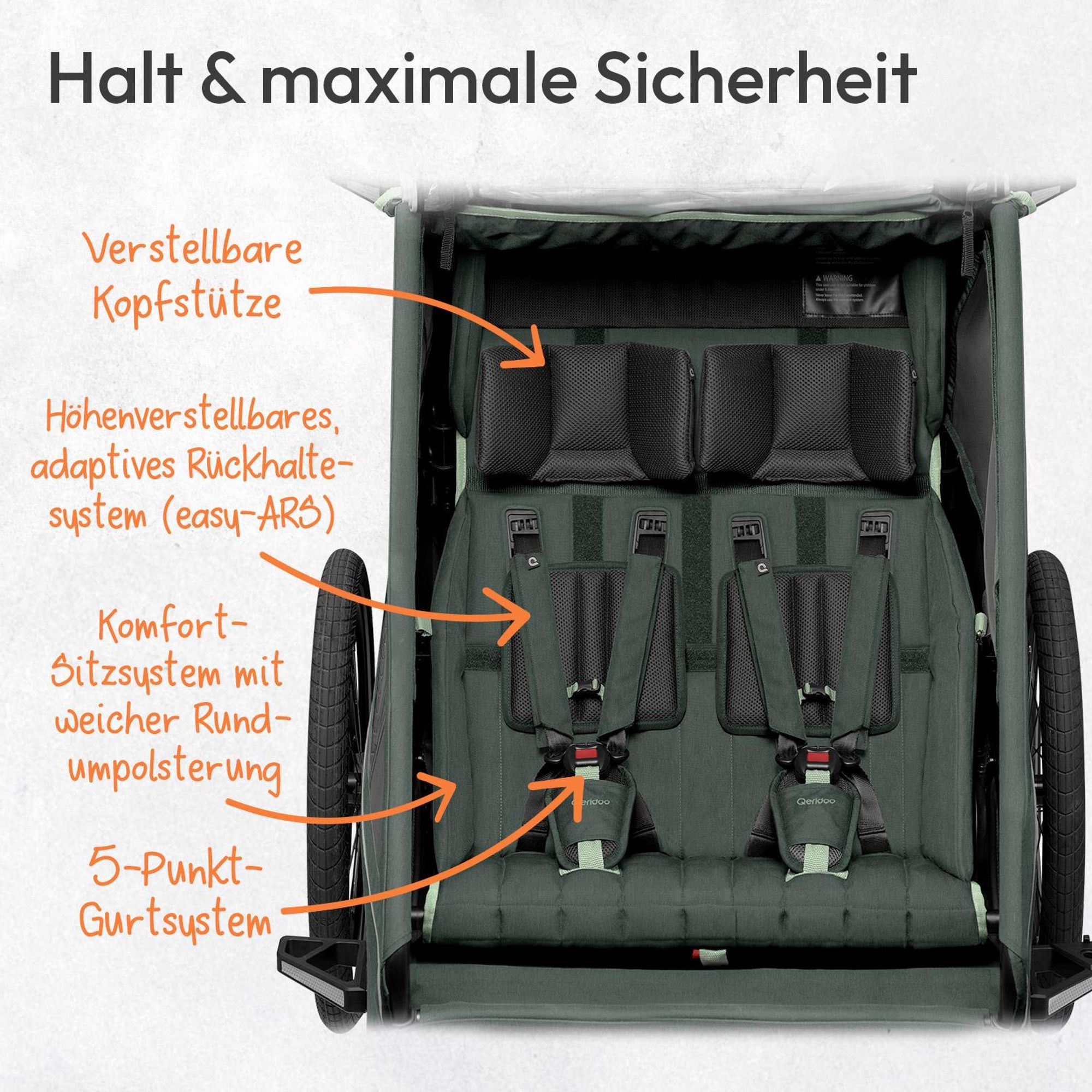 Qeridoo Kidgoo 2- Kinderfahrradanhänger für 2 Kinder, Farbe: Forest Green