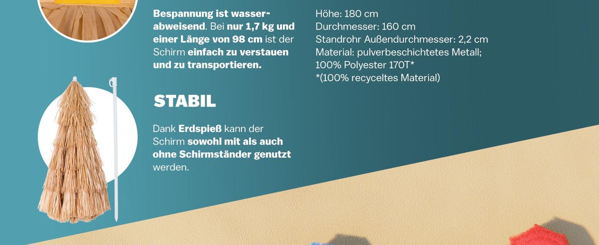KINGSLEEVE® Sonnenschirm Hawaii Ø160cm Neigbar Höhenverstellbar UV Schutz 30+ Groß Rund Balkon Strand Strohschirm Strandschirm Bast Hawaiischirm Braun