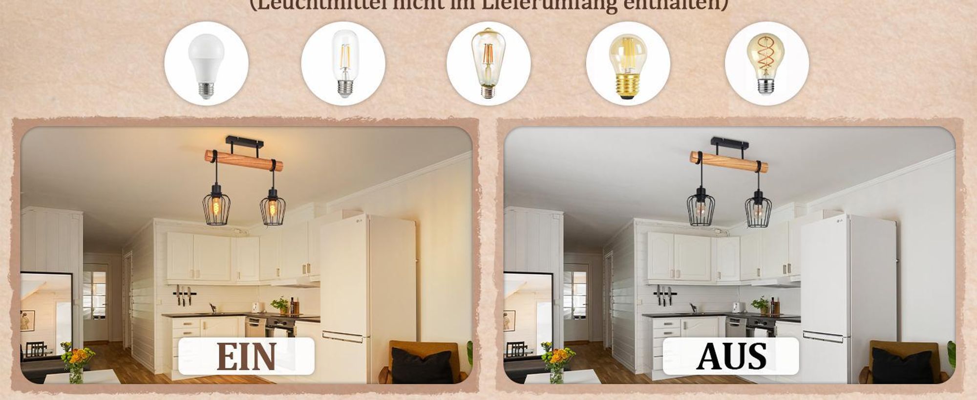 ZMH Deckenleuchte Holz Deckenlampe Flur Schwarz Küchenlampe 2 flammig Metall E27 Fassung für Küche Wohnzimmer Esszimmer Ohne Leuchtmittel