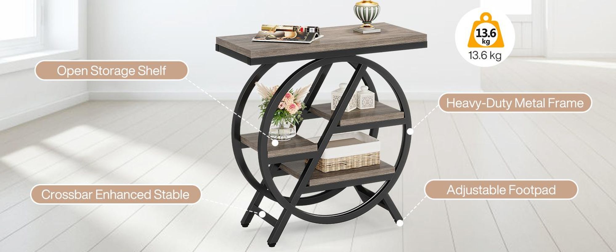 Beistelltisch, Sofatisch mit Stauraum, 4-stöckiger couchtisch, Landhaus-Nachttisch, für Wohnzimmer, Homeoffice, Schlafzimmer, Grau