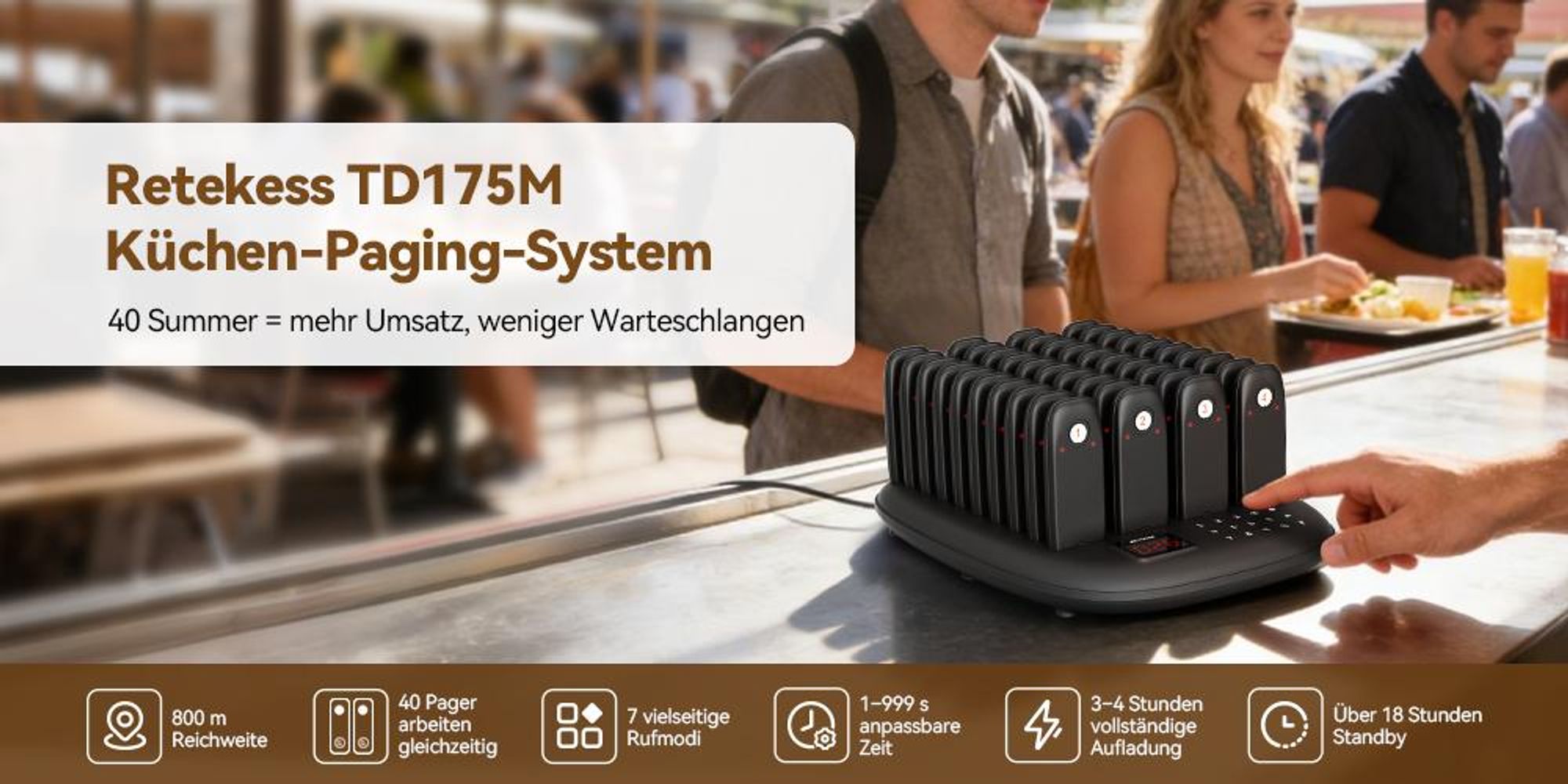 Retekess TD175M Restaurant Pager System, Alarmanlagen, 800 m, 18 Stunden Standby-Zeit , 7 Anrufmodi, One-Touch-Stummschaltung,  40 Mini-Pager für Café