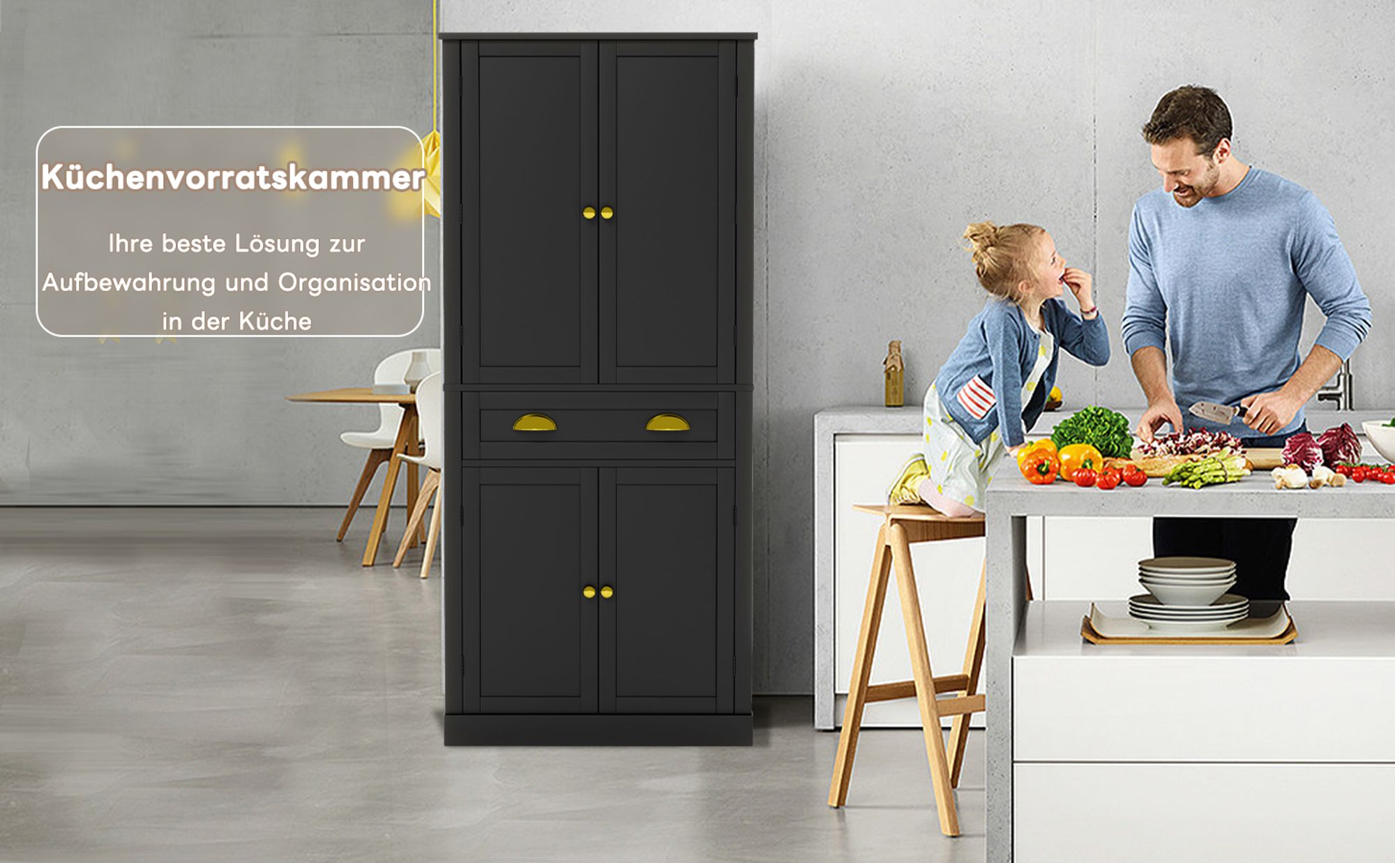 Flieks Hochschrank, Küchenschrank mit 6 Staufächer, Aufbewahrungsschrank für Küche, Esszimmer und Wohnzimmer, Schrank Schwarz
