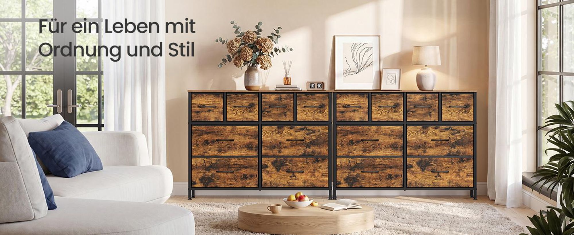 SONGMICS Kommode mit 8 Stoffschubladen, Aufbewahrungsschrank mit Metallrahmen, 98,7 x 30 x 74,7 cm, Tan