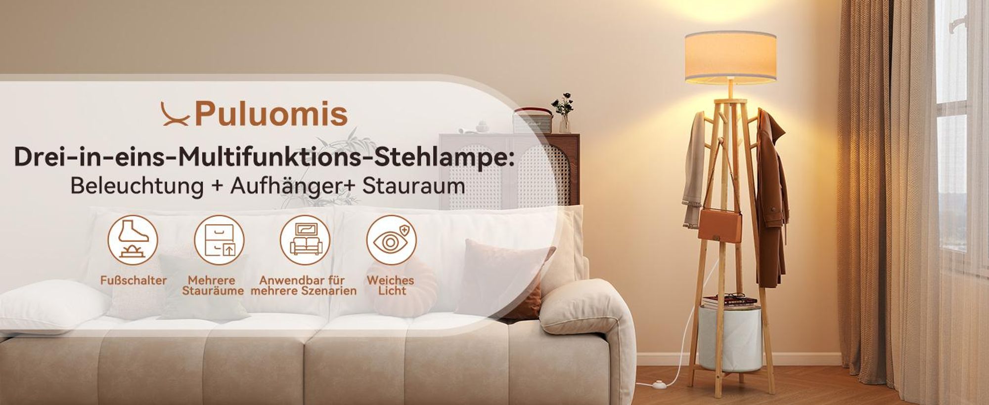 Puluomis Stehlampe mit Garderoben-Ständer 176cm, 8 Haken & Stauraum, Leinen Lampenschirm E27 Fassung, Fußschalter, Für Wohnzimmer beige
