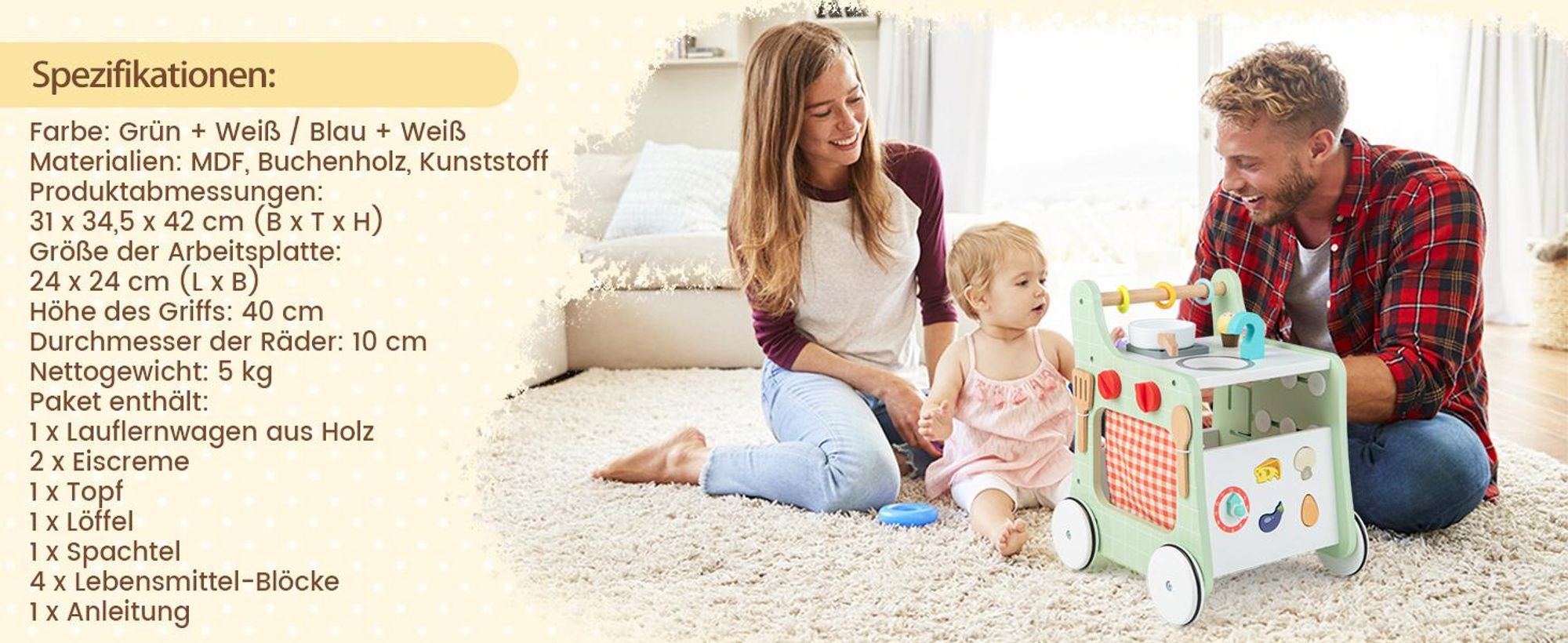 COSTWAY 6 in 1 Lauflernhilfe aus Holz, Lauflernwagen mit Spielküche, Lernuhr, Formanpassung & beweglichem Schieber, Lernspielzeug Aktivitätszentrum mit Rädern für Kinder ab 1 Jahr