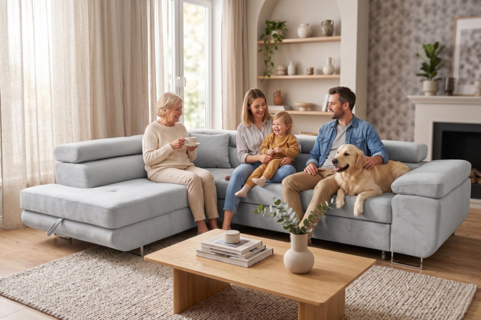 Ecksofa Luca L-Form Hellgrau – Familie mit Hund im modernen Wohnzimmer