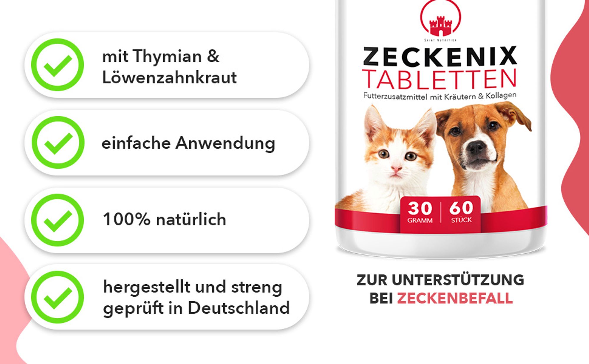 Saint Nutrition® Zeckenix - Zecken Tabletten – zum Schutz vor Zeckenbefall – für Hunde und Katzen – Zeckenschutz Hund – Zeckentabletten – Zeckenmittel