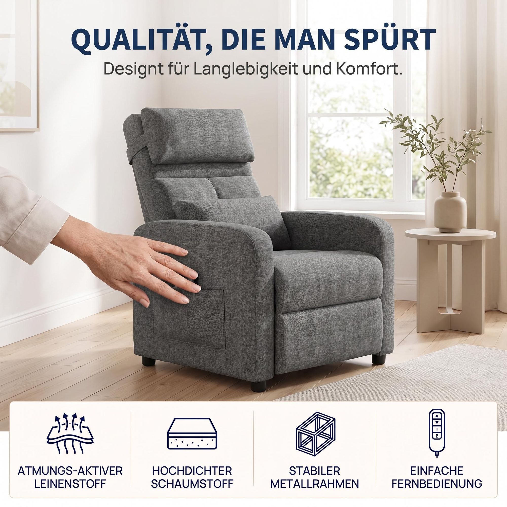 Elektrischer Relaxsessel mit Massage, Fernsehsessel Elektrisch Grau mit Liegefunktion, TV Sessel Elektrisch, Liegesessel 90°–150° verstellbar, Wohnzim