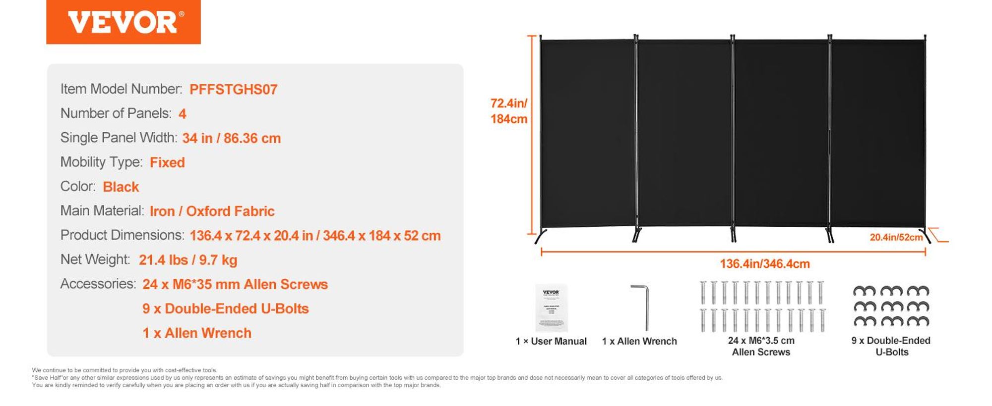 VEVOR Raumteiler 4 Paneele Paravent 3464 x 1840 x 520 mm, faltbarer Sichtschutz & tragbarer Trennwandteiler zur Raumtrennung, freistehende Raumteiler, Schwarz
