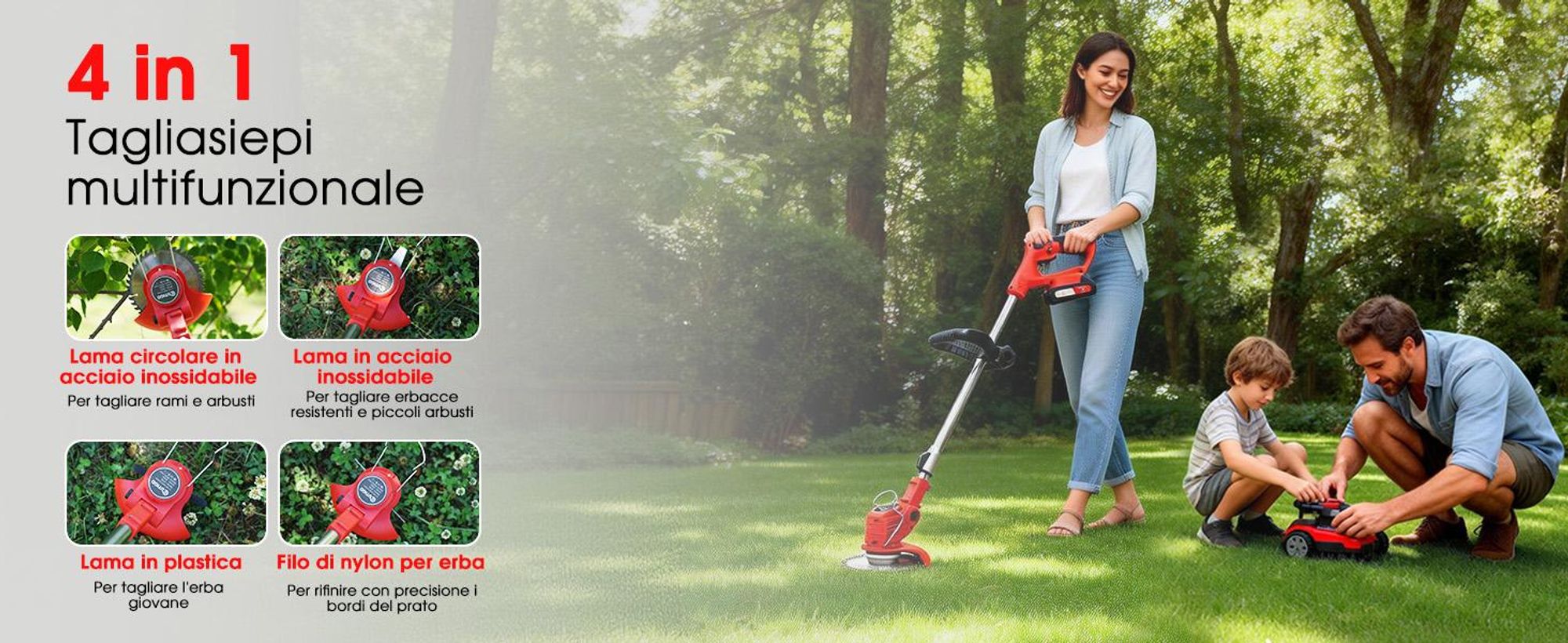 OUTIGO Decespugliatore a Batteria, Tagliaerba Elettrico a Batteria da 800 W, Taglia Erba da Giardino Elettrico con 4 Tipi di Lame,tosaerba telescopico