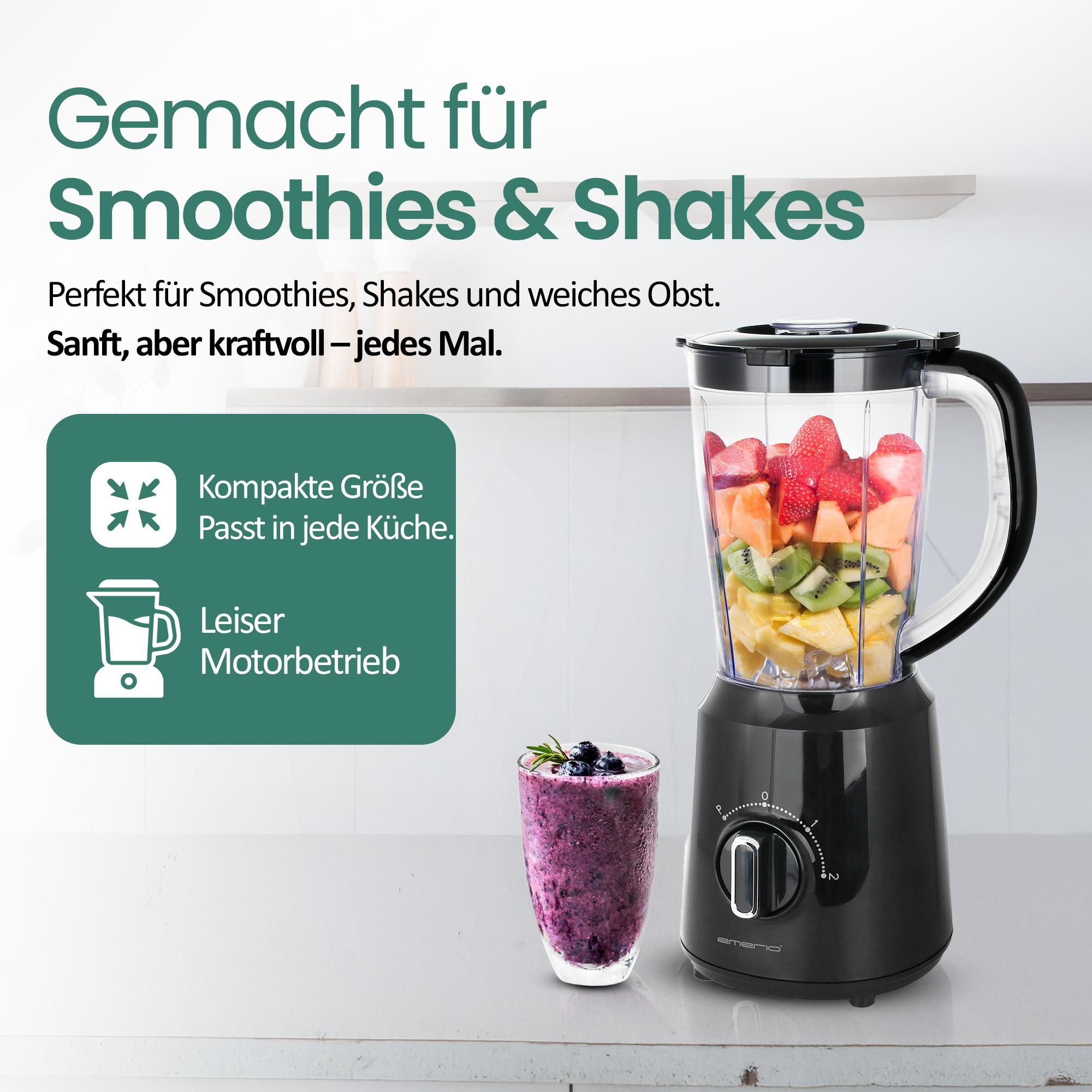Emerio Blender 1,5 L – Smoothie-Maker mit 2 Geschwindigkeiten – Edelstahlmesser & spülmaschinengeeignet – 500 W – Blender-to-Go BL-124816.8 – Schwarz