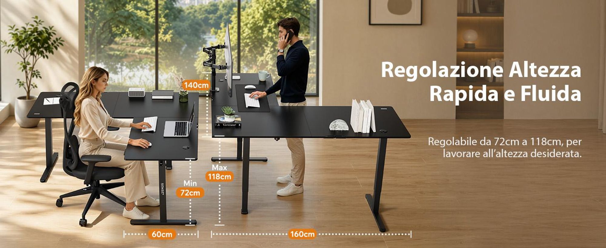 SENSE7 NOJO Scrivania angolare regolabile in altezza, modello Light Corner, con sistema elettrico, dimensioni 160x140, forma a L, scrivania regolabile in altezza, doppio motore, struttura con memoria, colore nero