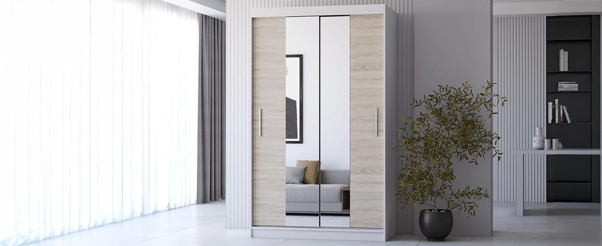 Schwebetürenschrank Kleiderschrank 120cm Weiß/Sonoma mit Spiegeln Neomi 01