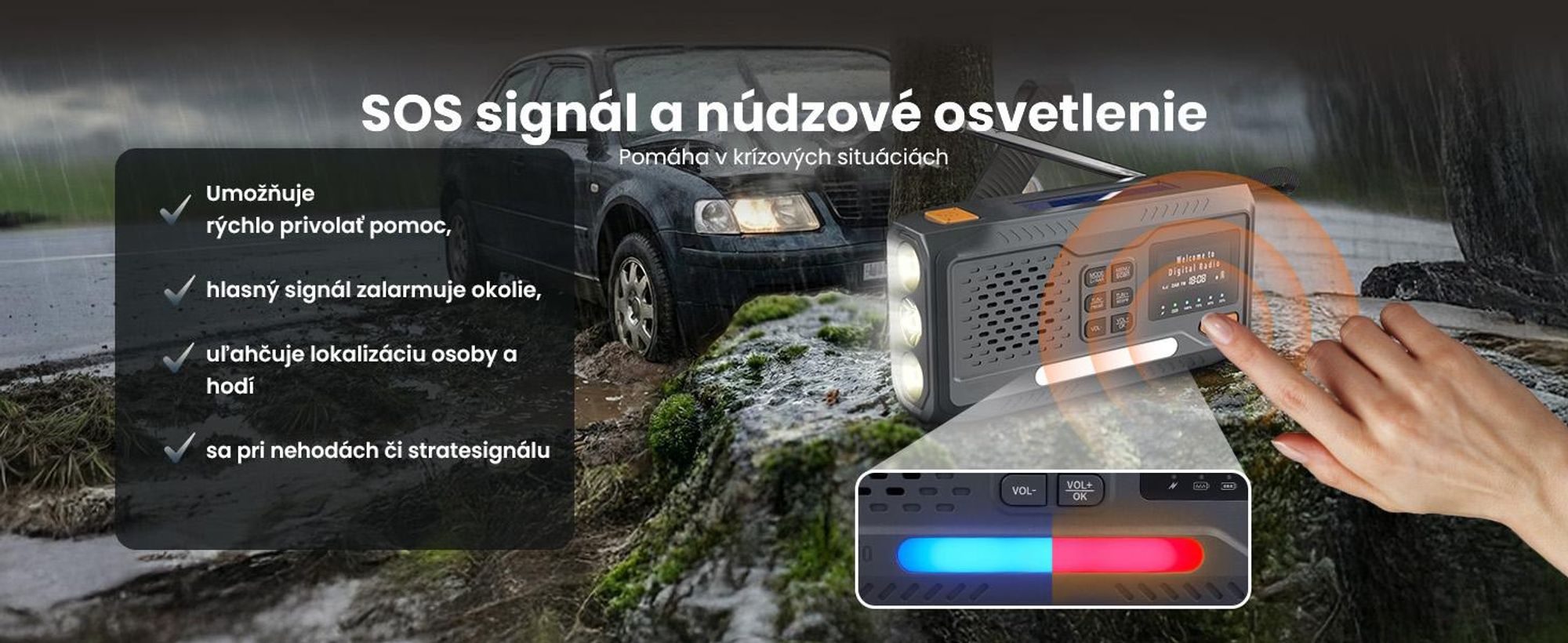 Extralink Núdzové rádio DAB/FM, solárne, dynamo, 4500 mAh, Bluetooth a SOS