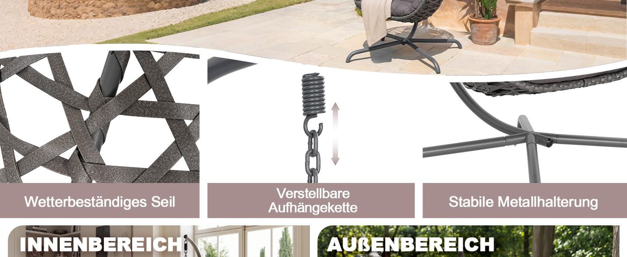 Avestar Terrassen-Schaukel-Hängesessel mit weichen Kissen, Dunkelgrau