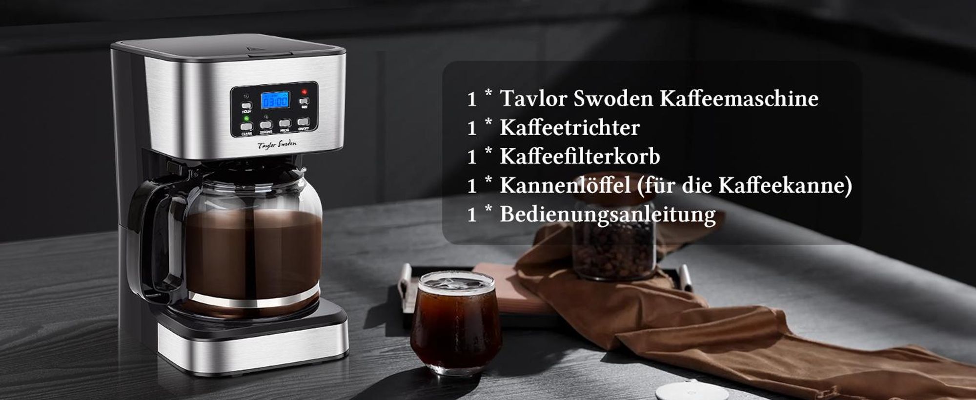Taylor Swoden - Kaffeemaschine mit Timer,1.5L Filterkaffeemaschine 12 Tassen, Abschaltautomatik, Tropf-Stopp, 950W