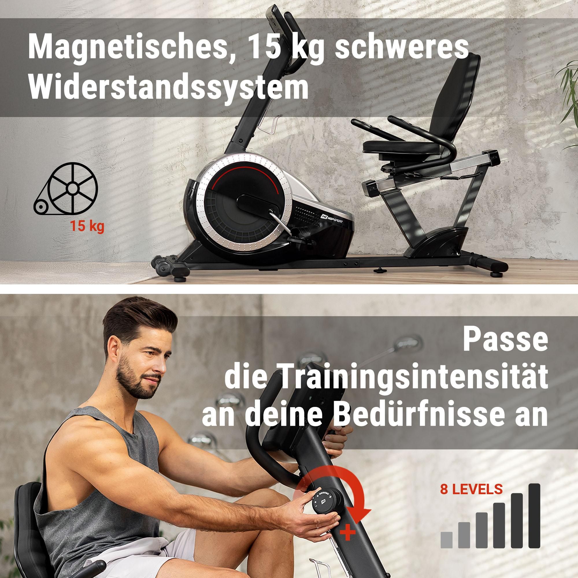 Hop-Sport Liegeergometer HS-060L - Liegeheimtrainer mit Handpulssensoren, 15 kg Schwungmasse, 8  Widerstandsstufen - Sitzergometer für Senioren max. Benutzergewicht 130 kg silber