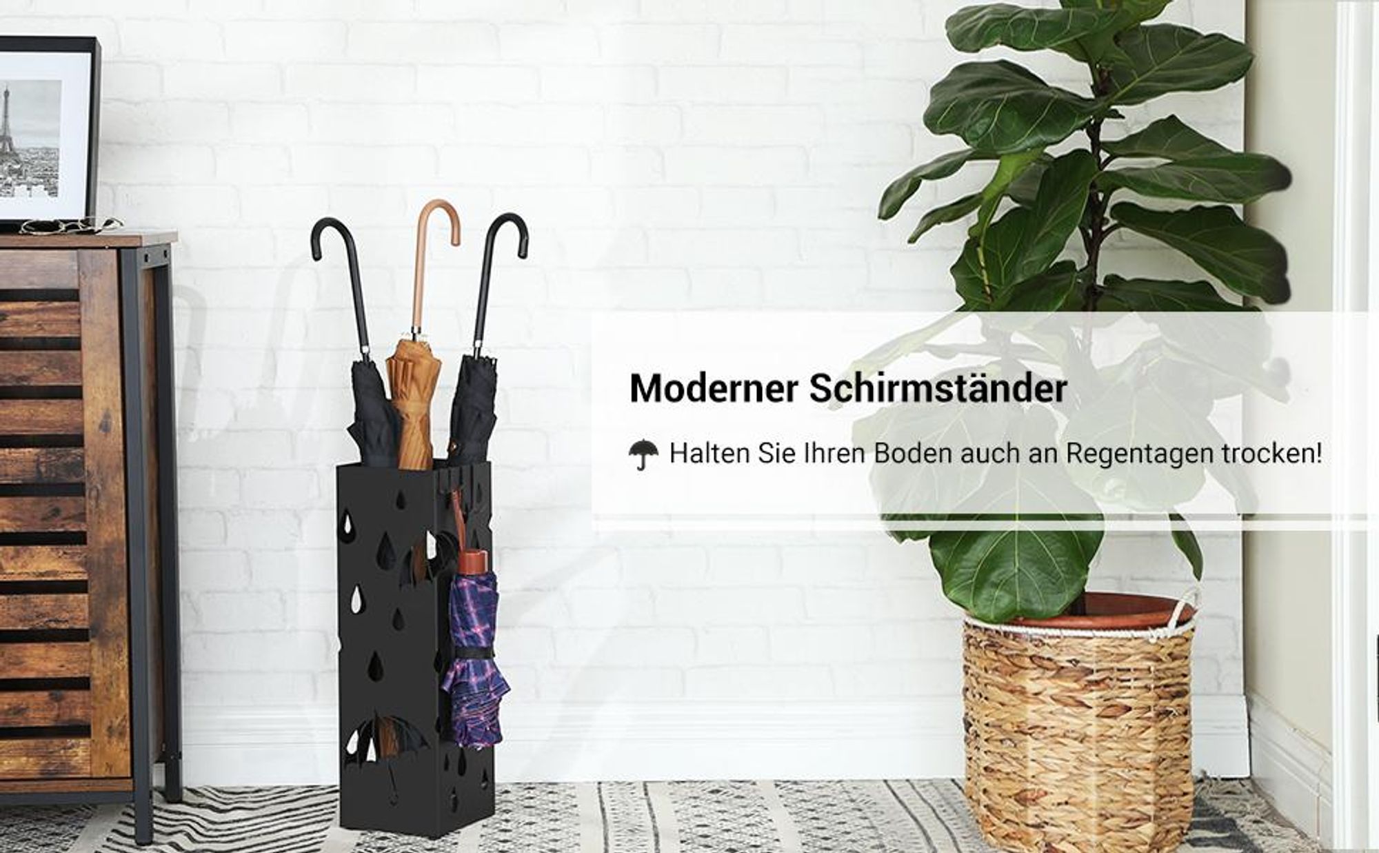 SONGMICS Ø 15,5 x49cm Schirmständer 2 Haken Metall Regenschirm Wasserauffangschale schwarz werdern verschenkt rechteckig LUC49B