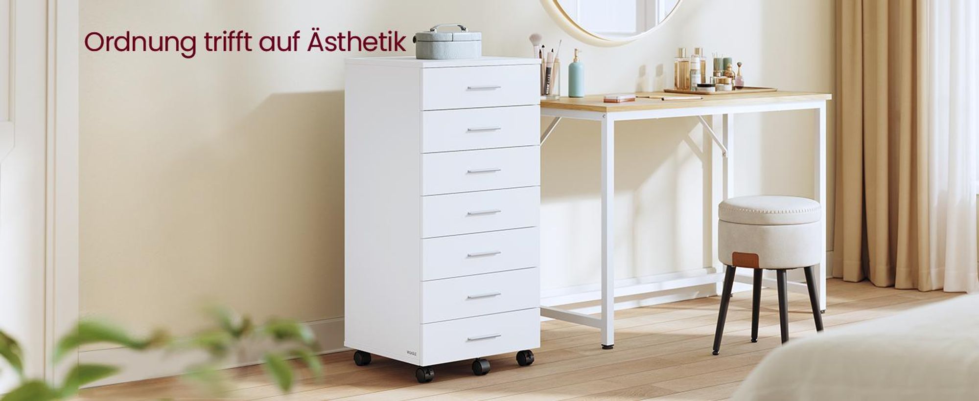 VASAGLE Rollcontainer, Aktenschrank, Schubladenschrank, Druckerständer, 7 Schubladen, mit werkzeuglosen Gleitschienen, weiß