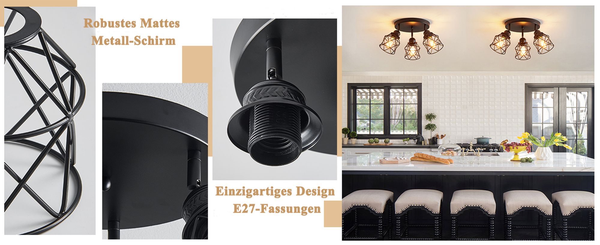 Deckenleuchte Vintage Schwenkbar Deckenstrahler E27 3-Flammige Deckenlampe Deckenspot für Wohnzimmer, Schlafzimmer, Küche, Flur
