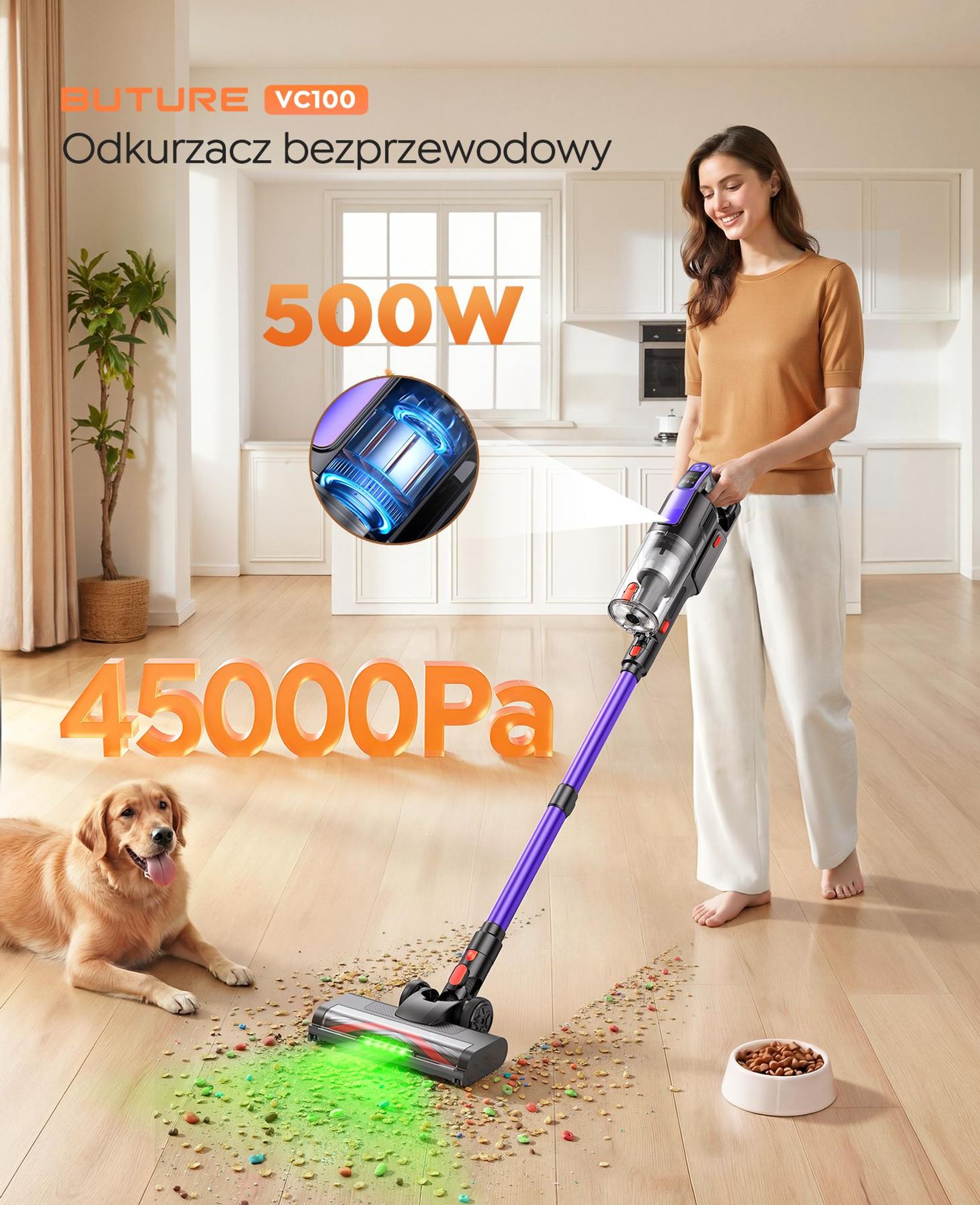 Buture VC100 Odkurzacz bezprzewodowy , odkurzacz bezprzewodowy 500W/45000pa z ekranem dotykowym, czas pracy do 55 minut