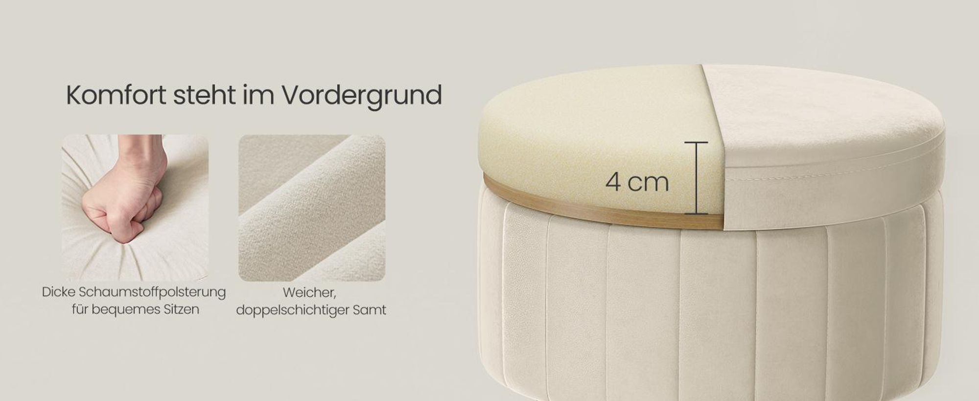 SONGMICS Sitzhocker, Hocker mit Stauraum, Samt Schminkhocker, runder Sitzhocker, 39 cm d, 44,4 cm H, 4 Metallbeine, für Ankleidezimmer, Wohnzimmer