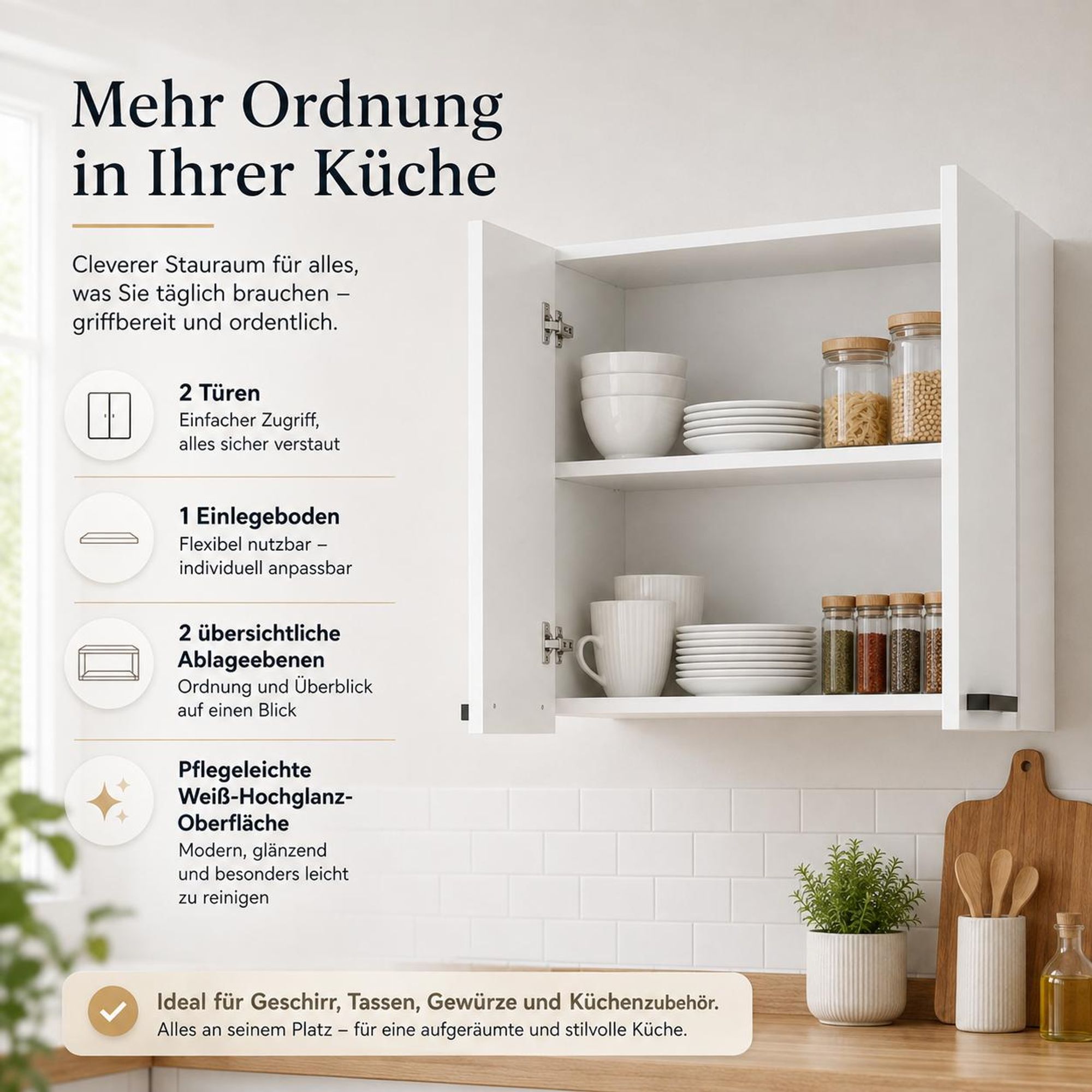 Offener Hängeschrank 60 cm Weiß Hochglanz mit Geschirr. Stauraum auf 2 Ebenen.