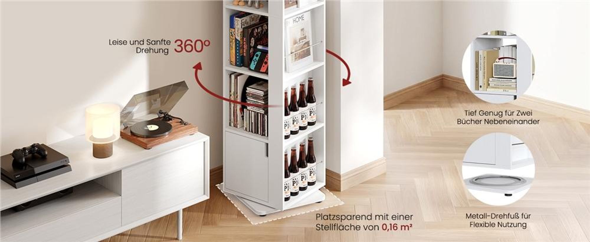 Yaheetech 360° drehbares Bücherregal, mit 5 Ebenen und 20 Fächern, Standregal 42×42×169 cm, Drehregal Dekoregal mit verstellbaren Einlegeböden, Weiß