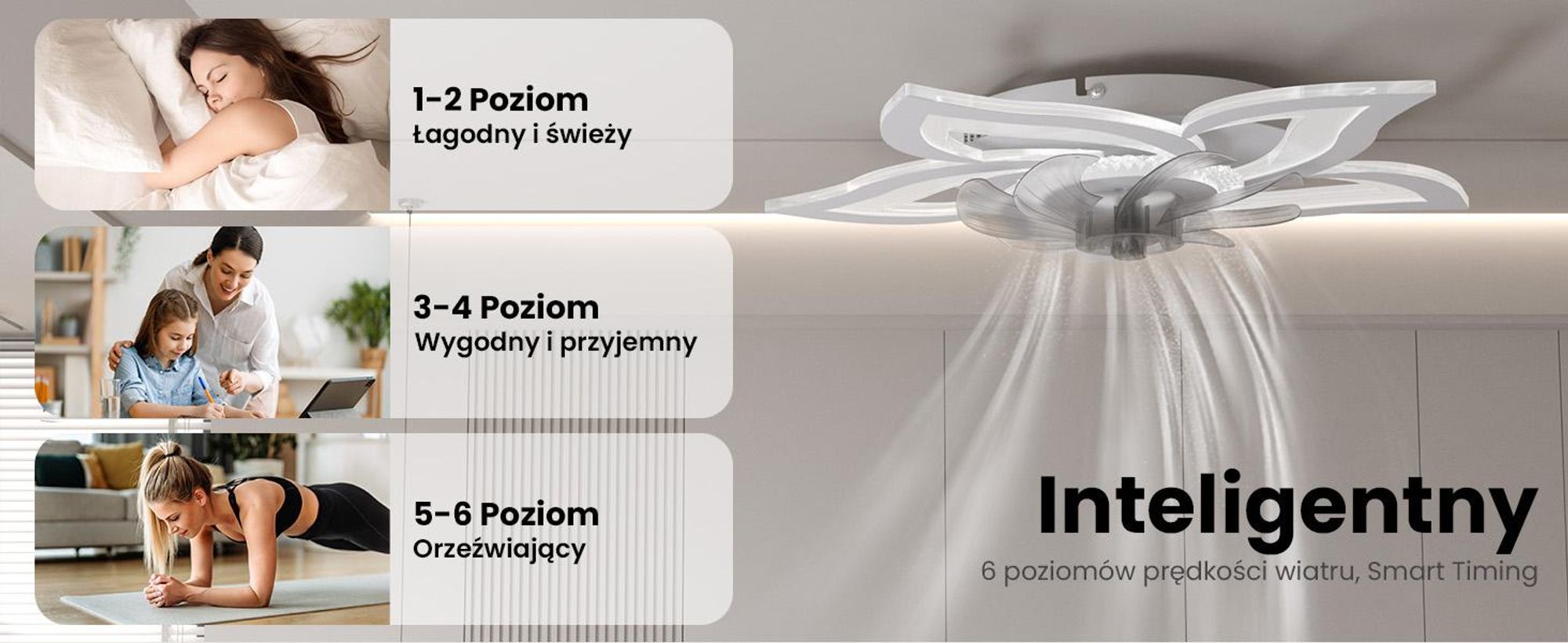 Wentylator sufitowy Heilmetz z oświetleniem, średnica 69 cm, 3 barwy światła z regulacją jasności, 6 prędkości, cichy wentylator LED z pilotem, biały