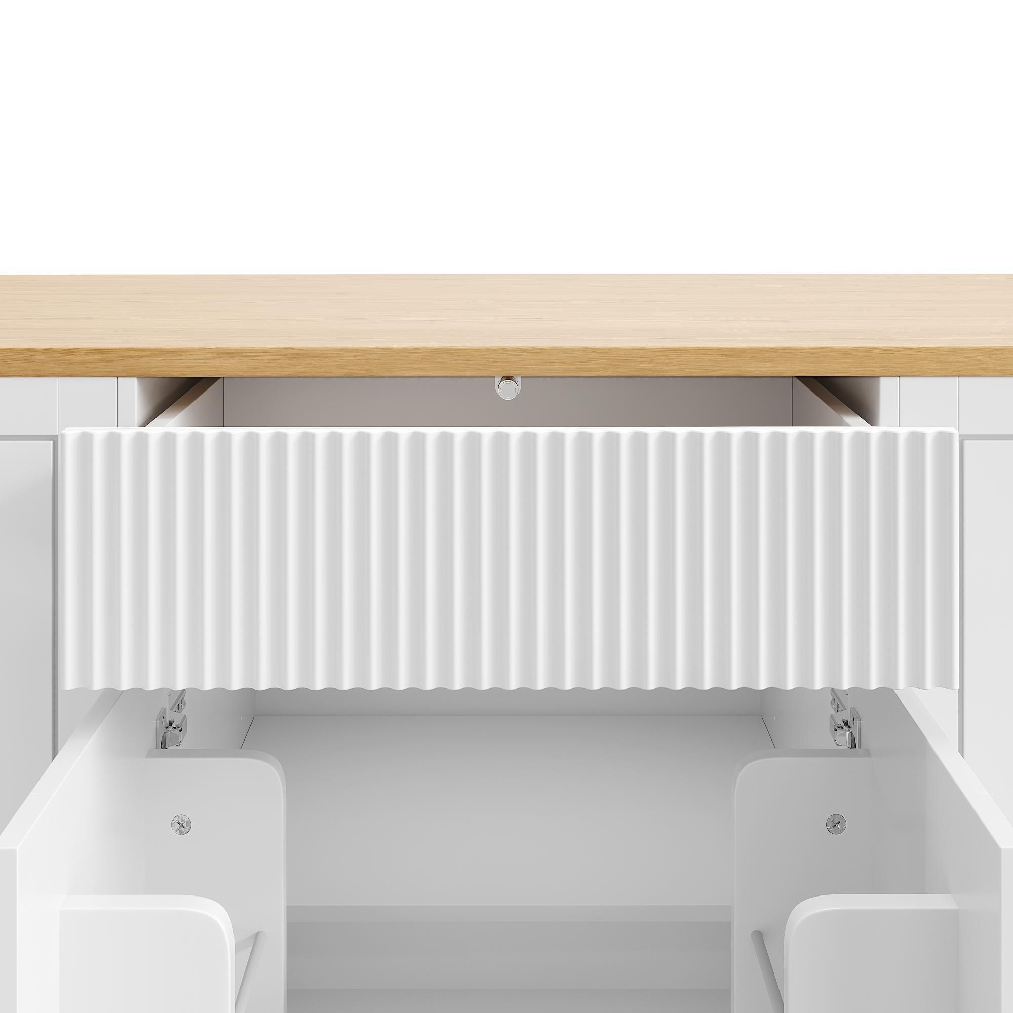 Flieks Servierwagen Kücheninsel mit Abfallbehälterfach, Küchenschrank Speisewagen mit 3 Schubladen und 2 Türen, 120 x 50 x 92 cm, Weiß