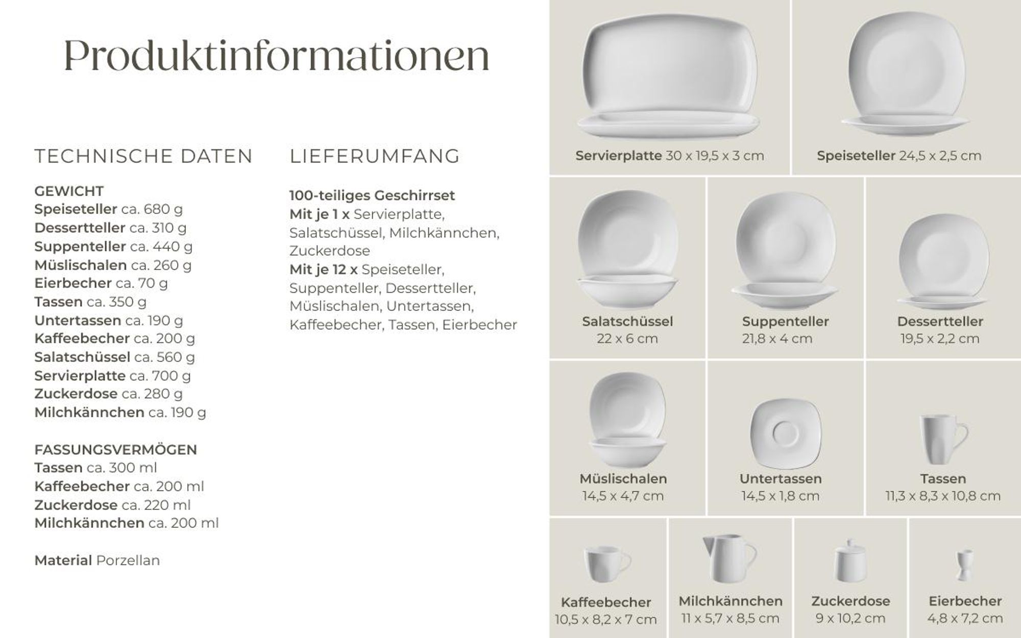 tectake® Kombiservice Salerno für 12 Personen ineinander stapelbar