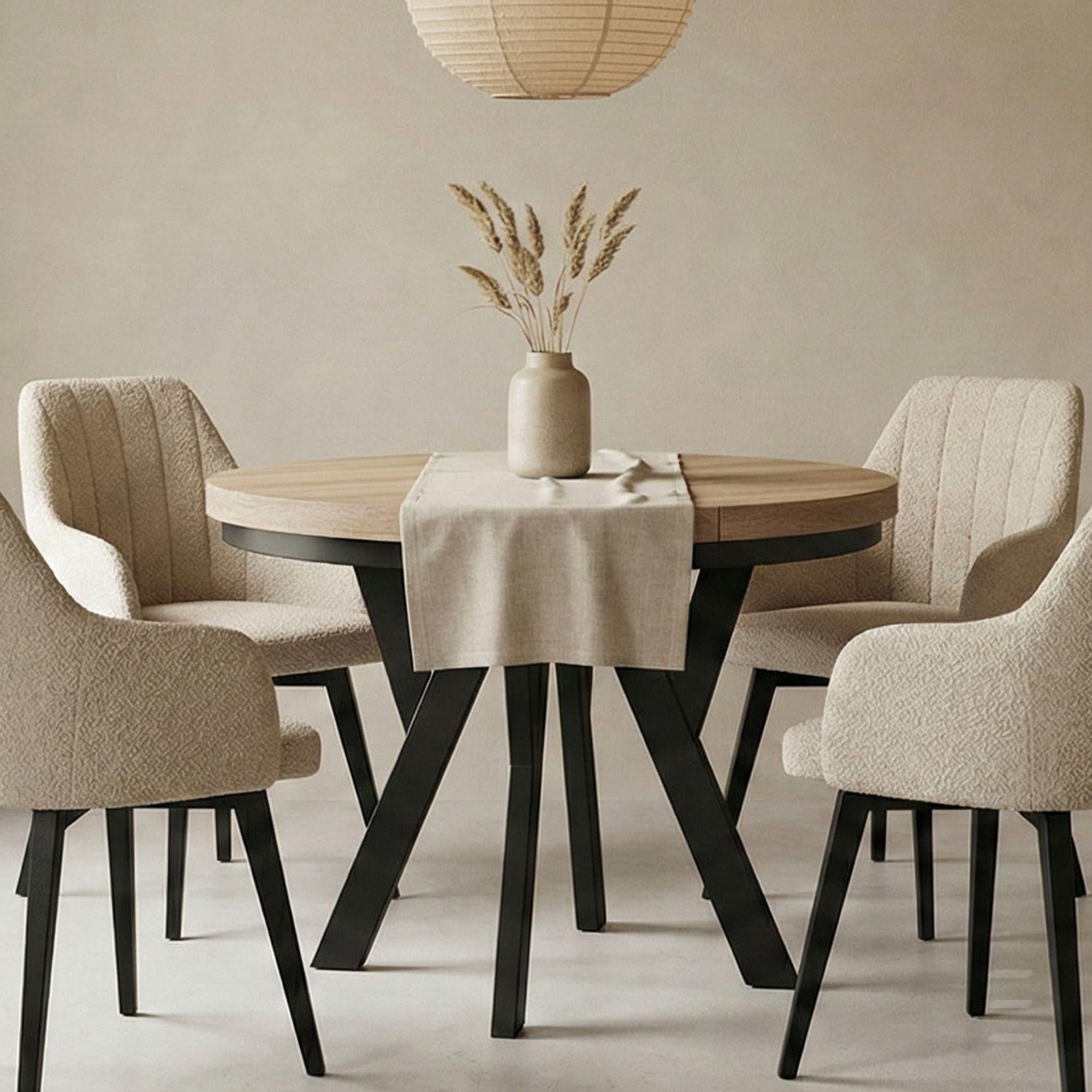 Runder Ausziehbarer Tisch für Esszimmer, PERO, Loft-Stil, Skandinavische, Durchmesser: 100 / 150 cm, Farbe: Eiche Sonoma / Schwarz