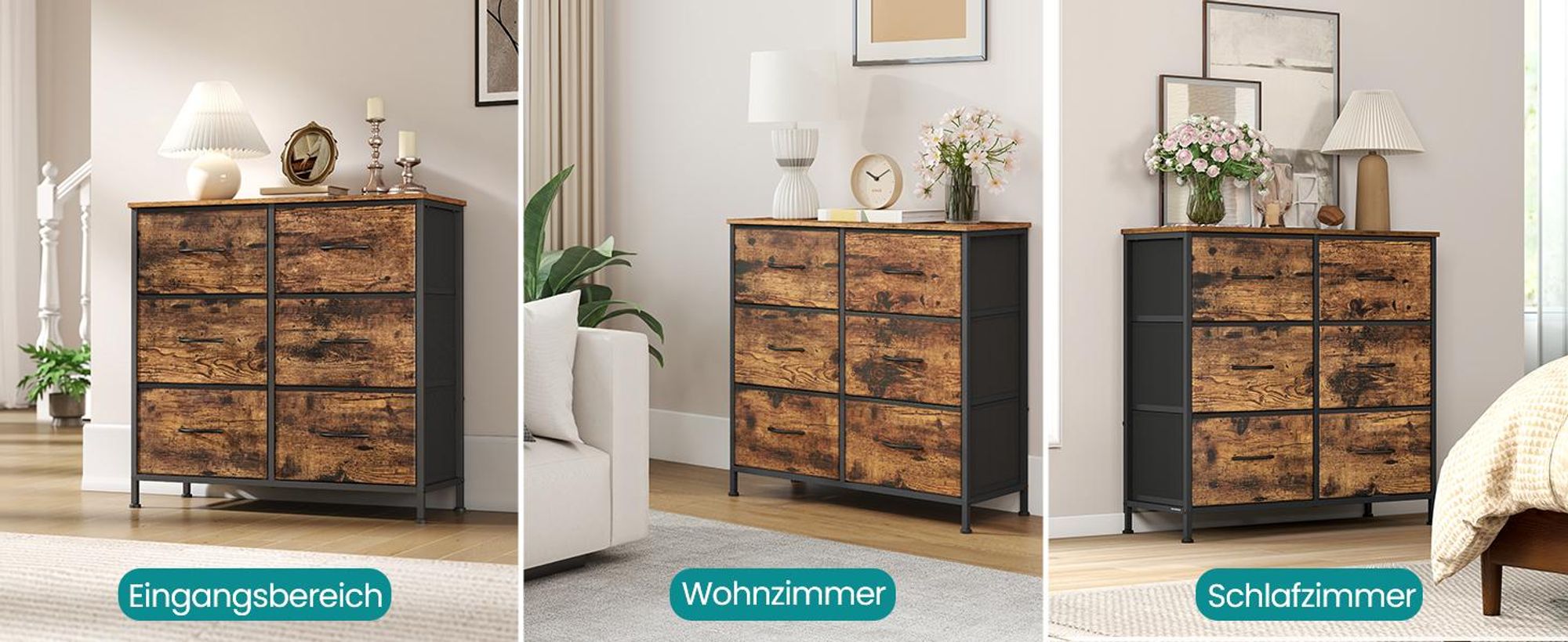 SONGMICS Kommode, Schrank, 6 Stoffschubladen, Aufbewahrungsschrank, Stahl