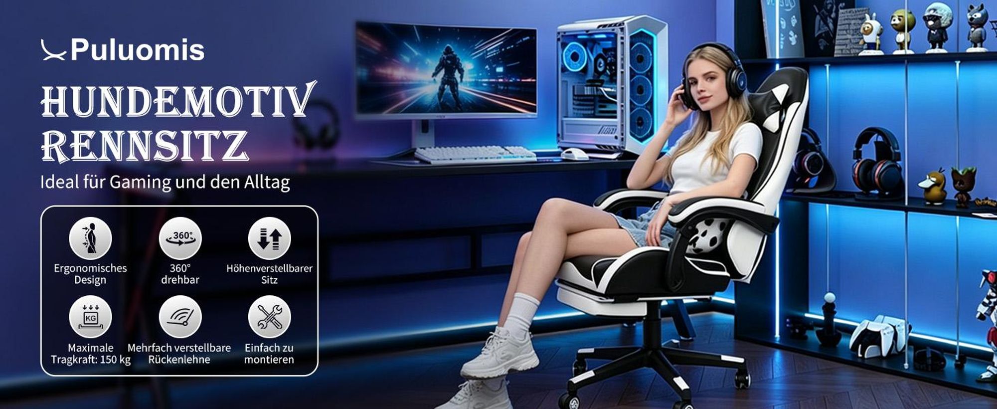 Puluomis Gaming Stuhl mit Fußstütze, Bürostuhl Chefsessel Schreibtischstuhl Racing Stuhl ergonomisch drehbar höhenverstellbar Hunde Schwarz Weiß