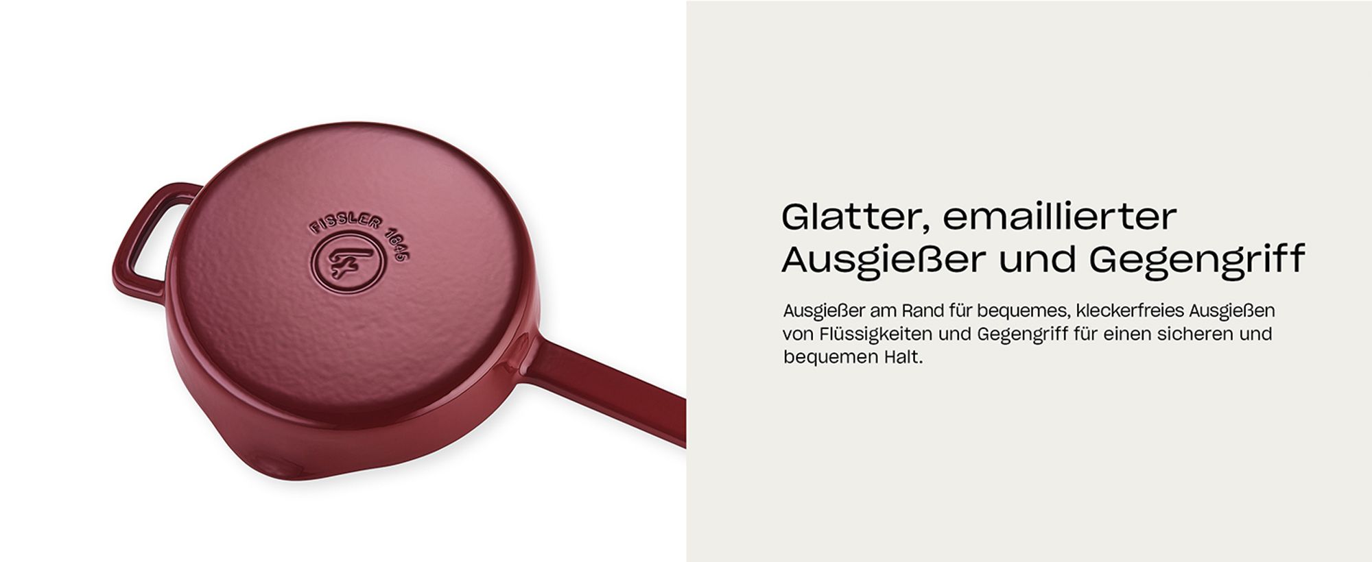 Fissler Moments Collection / Emaillierte Gusseisen-Pfanne (Ø 26 cm) antihaftend, hoher Rand, mit Ausgießern, Aufhänge-Öse, PFAS/PTFE-frei, Induktion – Burgunderrot