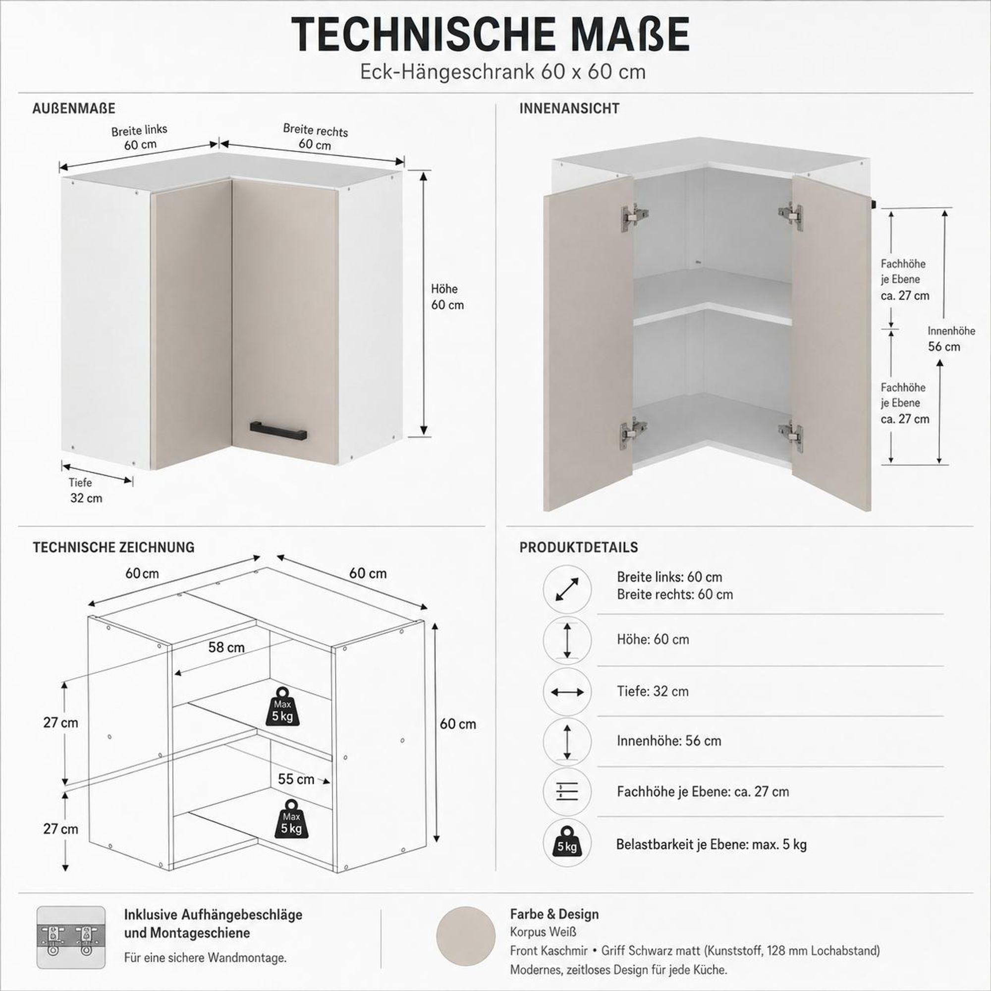 Eckoberschrank 60x60 Kaschmir: Produktvorteile, Maße, Kaschmir-Front und weißer Korpus.