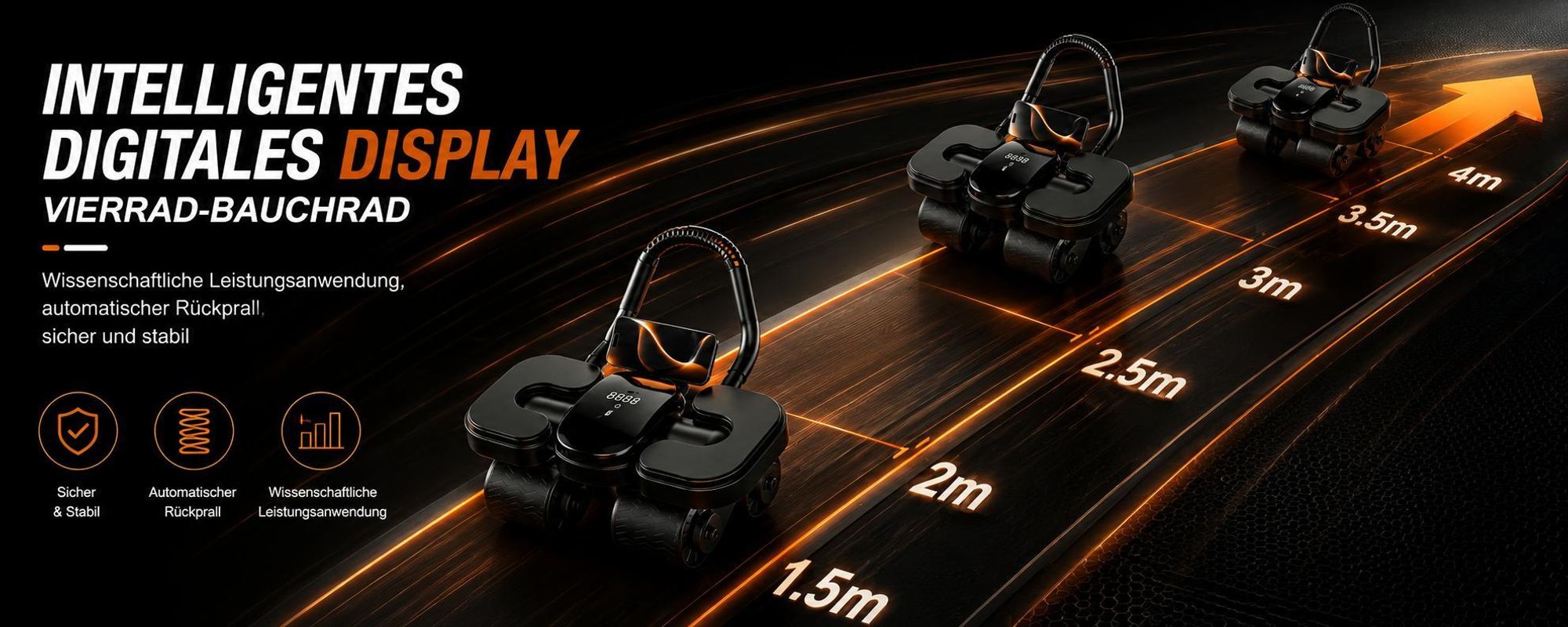 4-rädriger automatischer Rückfederung Bauchtrainer,Ab Roller Wheel mit LCD-Display, Intelligenz zählen, bauchtrainer elektrisch mit Ellbogenstütze