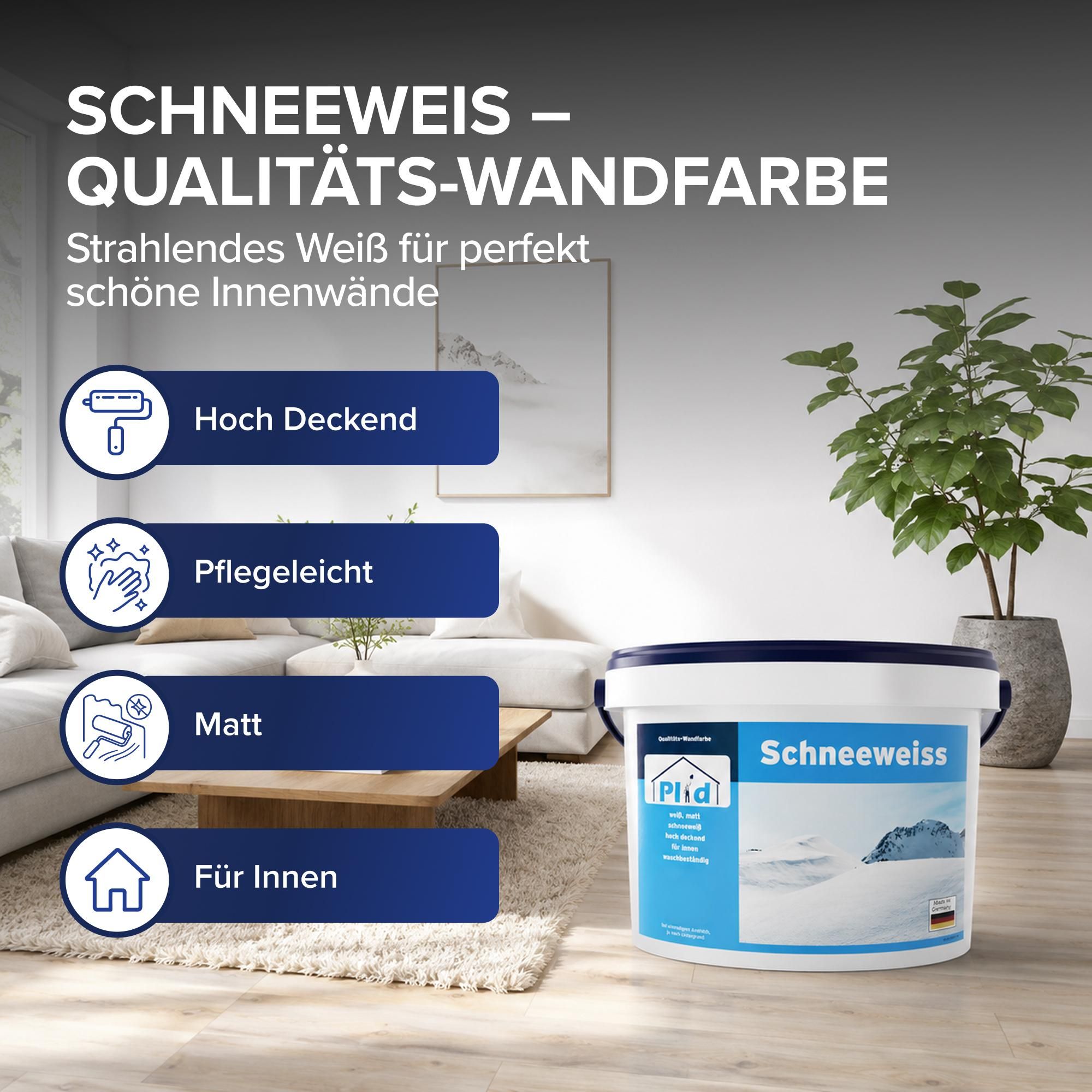 Plid Wandfarbe Schneeweiß 5L – für ca. 30m² / Innenfarbe Weiß mit hoher Deckkraft – matte Dispersionsfarbe, spritz- & geruchsarm