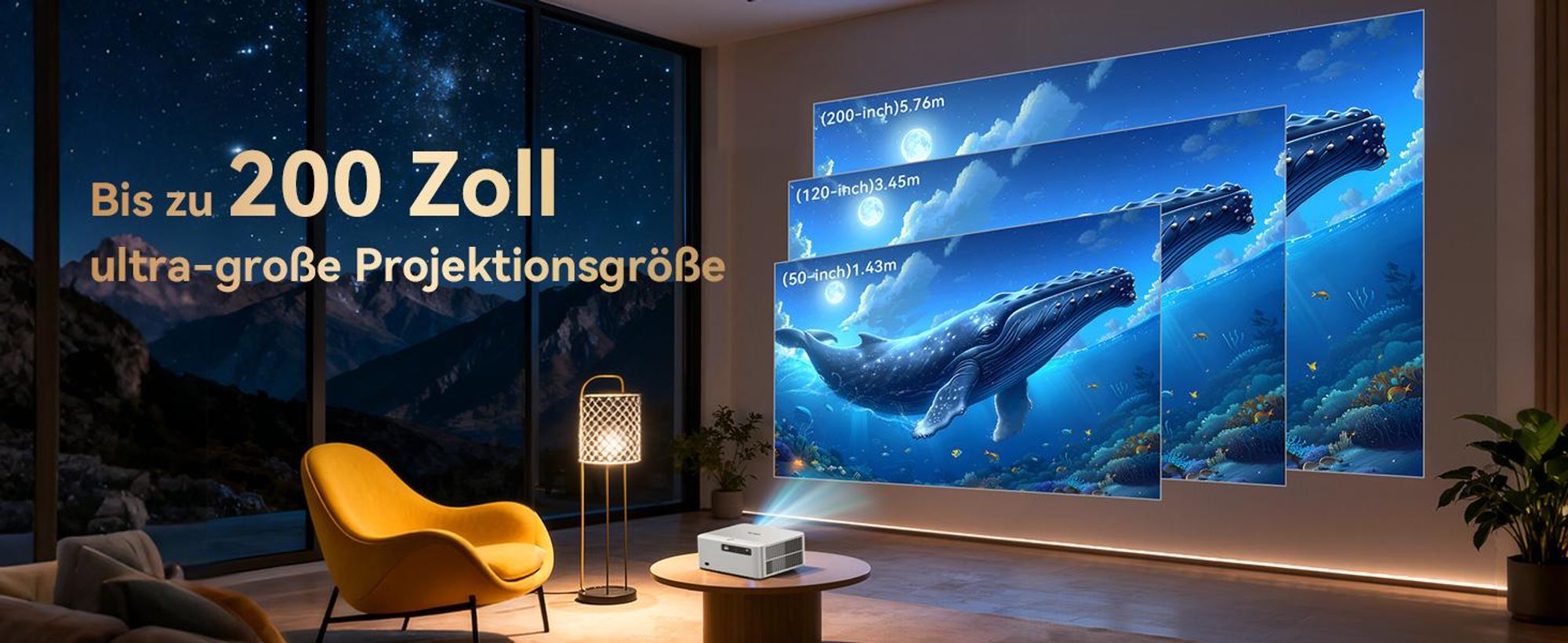 Projecteur OSCAL PV800 PRO, 1 400 lumens ANSI, prise en charge 4K, Google TV, mise au point automatique, Wi-Fi 6, 200 pouces, silencieux (moins de 35 dB)