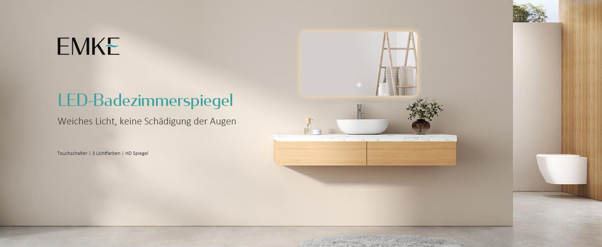 EMKE LED Badspiegel 100x60cm mit Beleuchtung 3 Lichtfarbe kaltweiß Neutral Warmweiß Lichtspiegel Badezimmerspiegel mit Touchschalter