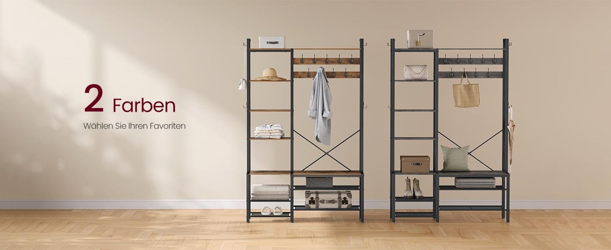 VASAGLE Garderobenständer mit Schuhbank, 5 Regalebenen, 9 Dreifach-Haken, 6 seitliche Haken, 40x120x190 cm, Steingrau-Tintenschwarz