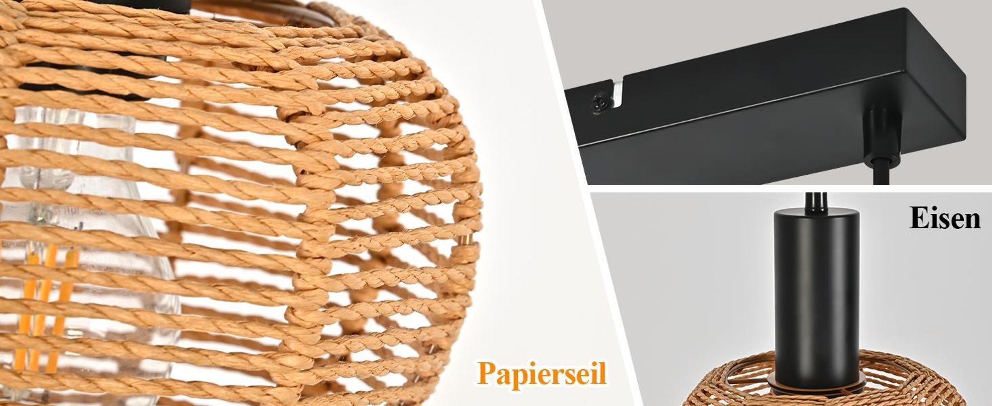 ZMH Hängelampe 3 Flammig Pendelleuchte Rattan Esstischlampe Geflochten Hängeleuchte Lampenschirm Hanfseil E27 Pendellampe für Esszimmer Schlafzimmer