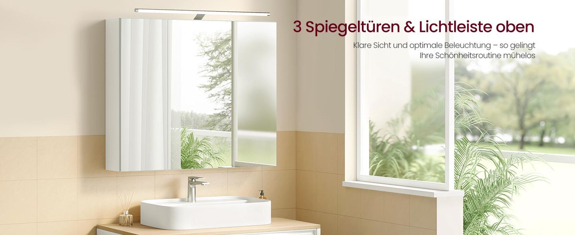 VASAGLE Spiegelschrank, Hängeschrank mit verstellbaren Ablagen, Beleuchtung, 3 Türen, modern, 15 x 70 x 60 cm, weiß