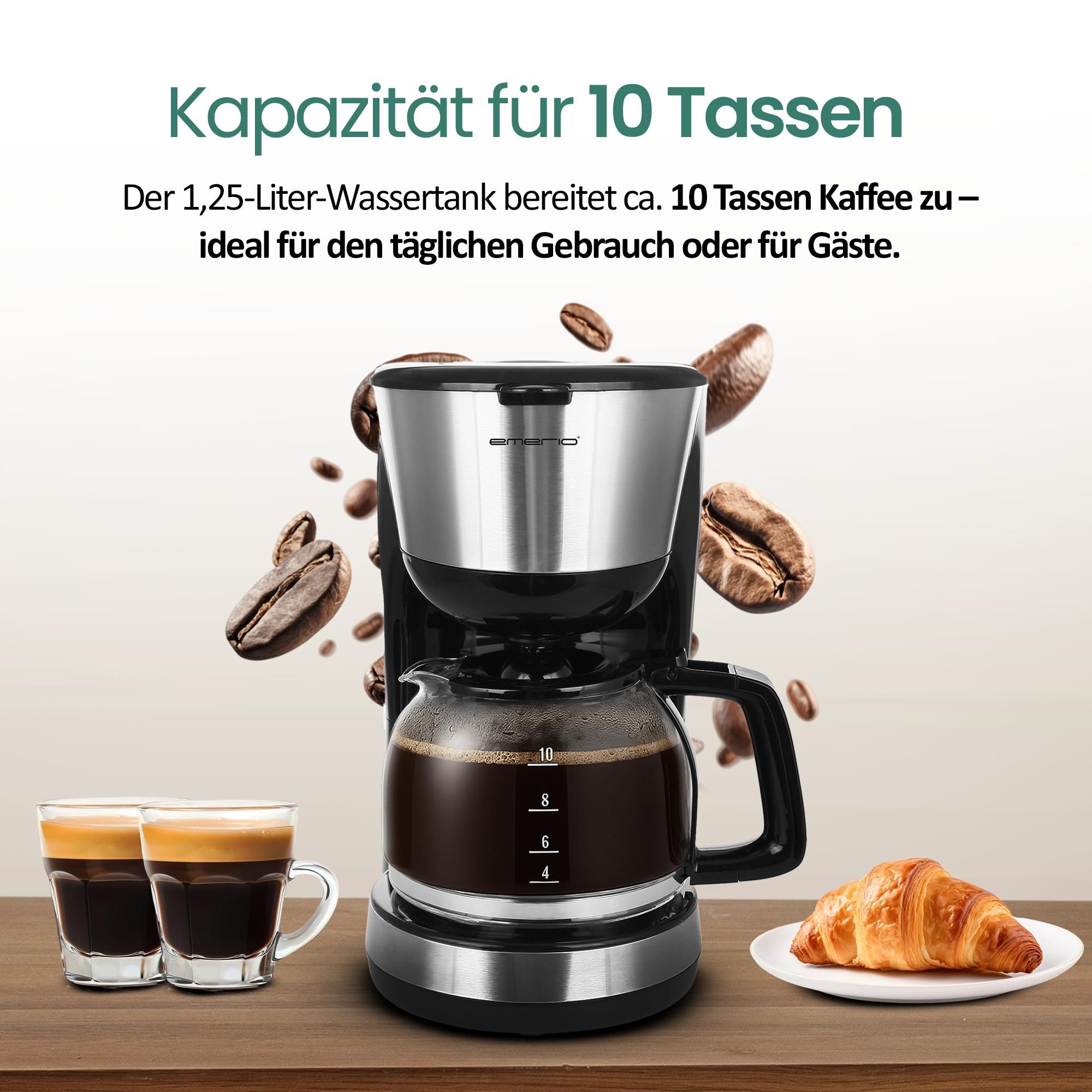 Emerio Kaffeemaschine mit Glaskanne – 1,25 L Filterkaffee – 10 Tassen – herausnehmbarer Filter – Tropf-Stopp-System – 1000 W – CME-122933 - Schwarz