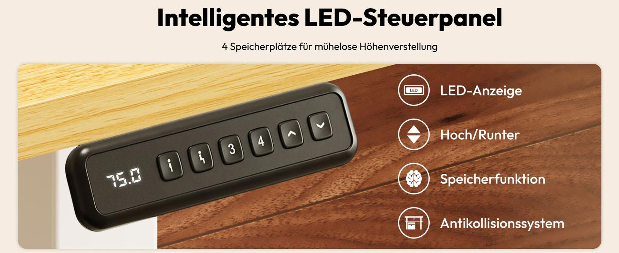 SANODESK QS1 Höhenverstellbarer Schreibtisch Elektrisch EINTEILIGE TISCHPLATTE, 4 Speicherplätzen, Haken & Kabelmanagement, 120x60cm (Ahorn)