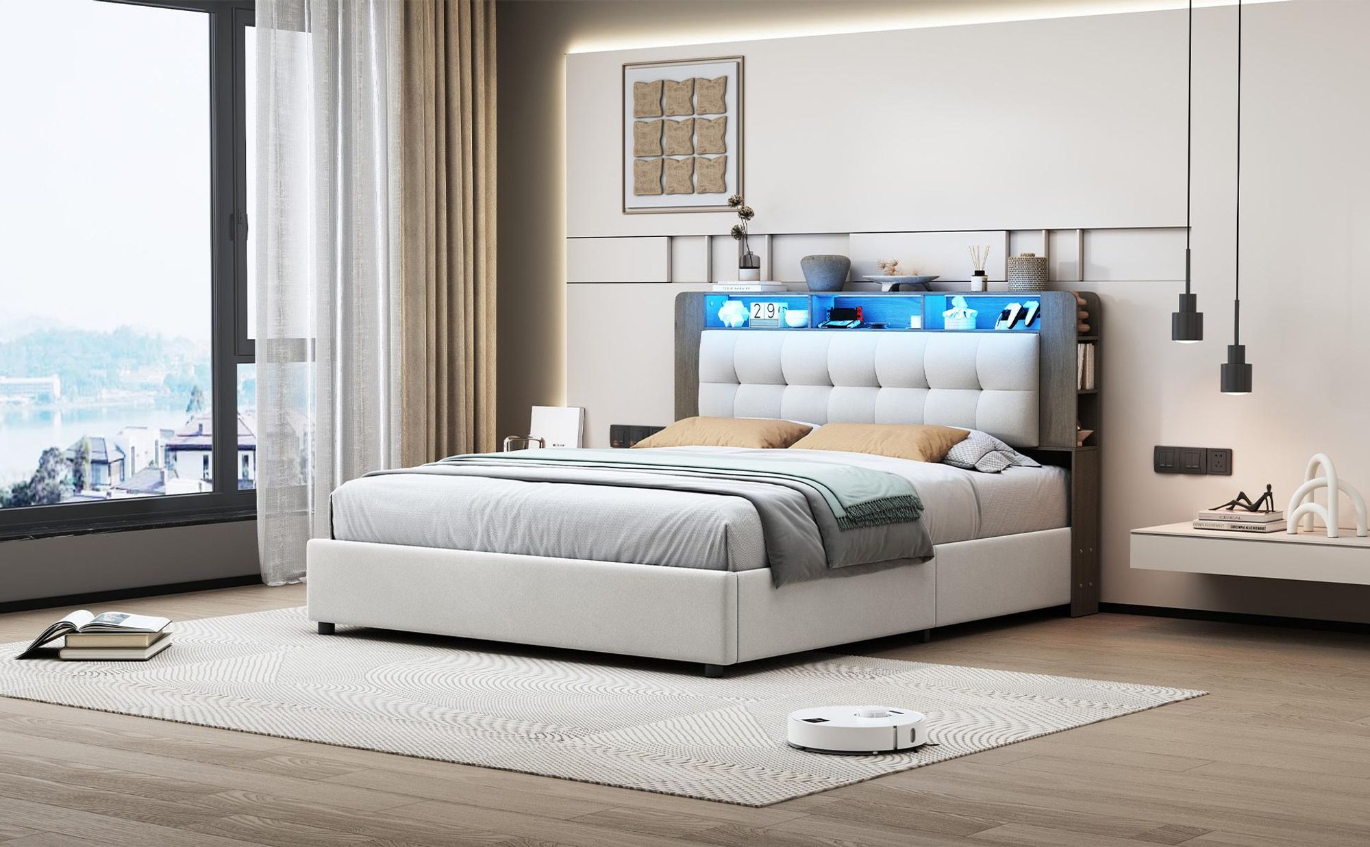 INONEFT Boxspringbett 140×200 mit LED und Kabelloses Laden,Polsterbett,Hydraulische Stauraumbett Jugendbett mit Lattenrost und Bettkasten, Samt,Beige.
