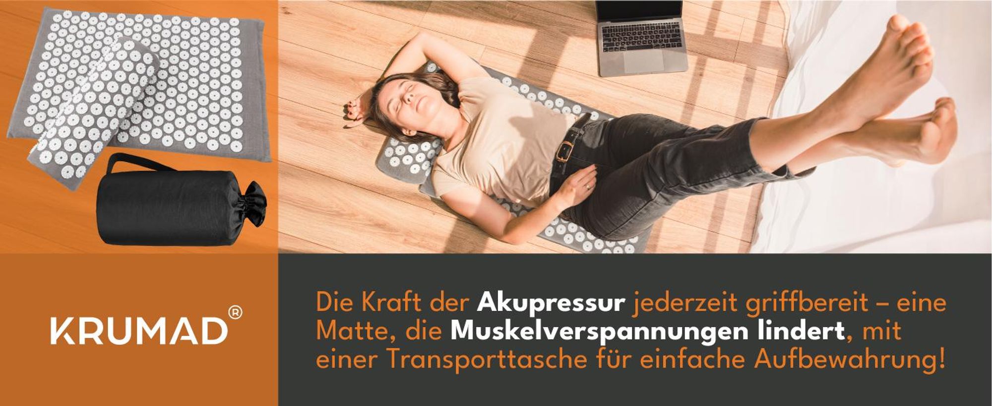 KRUMAD Akupressurmatte Set mit Kissen für Rücken und Nacken, inklusive Tasche, Stachelmatte zur Entspannung und Regeneration, Wellness Zuhause