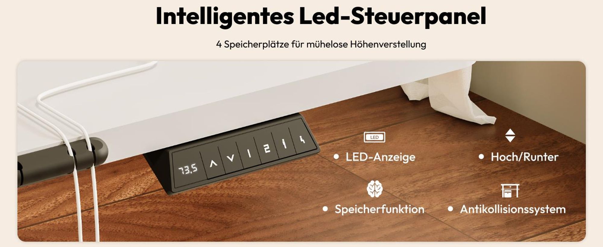 SANODESK Höhenverstellbarer Schreibtisch 160x60cm elektrisch 4 Memory-Funktion, Antikollisionsschutz, 70kg Tragkraft, mit Haken und Ablagebox (Weiß)
