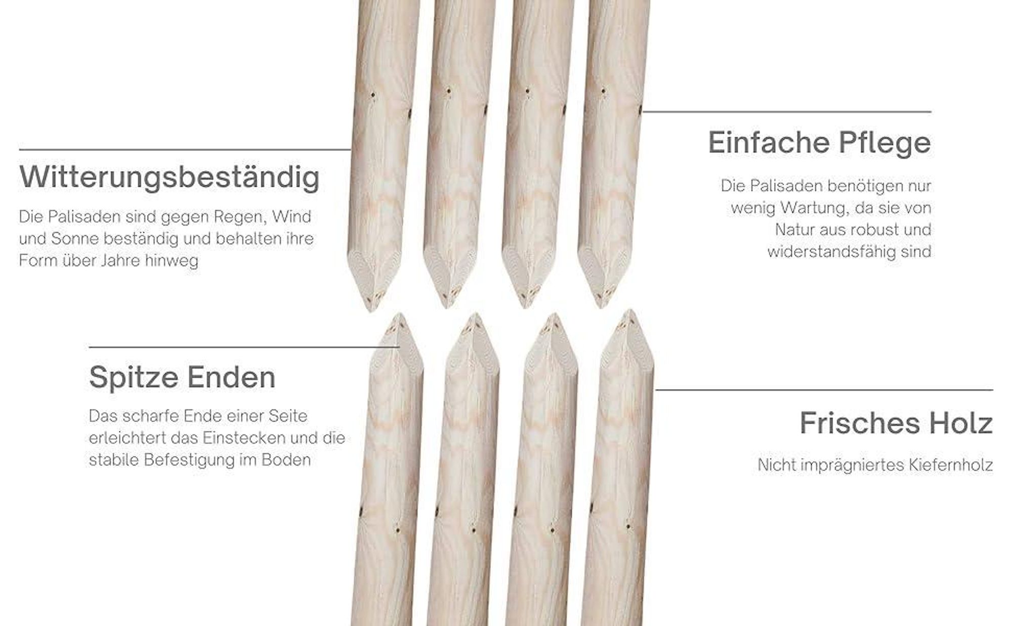 TIMBERMIK ø 8cm 2-Pack Spitze Holzpalisaden Länge: 240 cm Holzpfähle Garten Palisade Kieferholz Zaunpfosten Witterungsbeständig Nicht Imprägniert